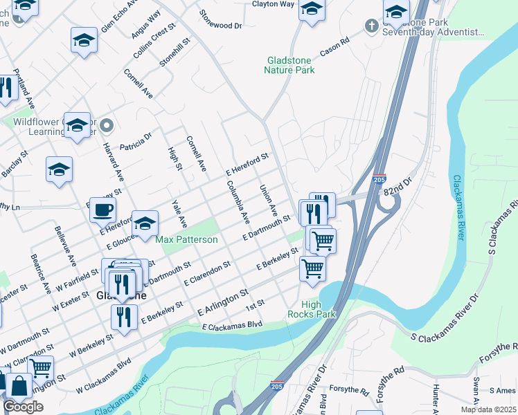 map of restaurants, bars, coffee shops, grocery stores, and more near 650 East Exeter Street in Gladstone