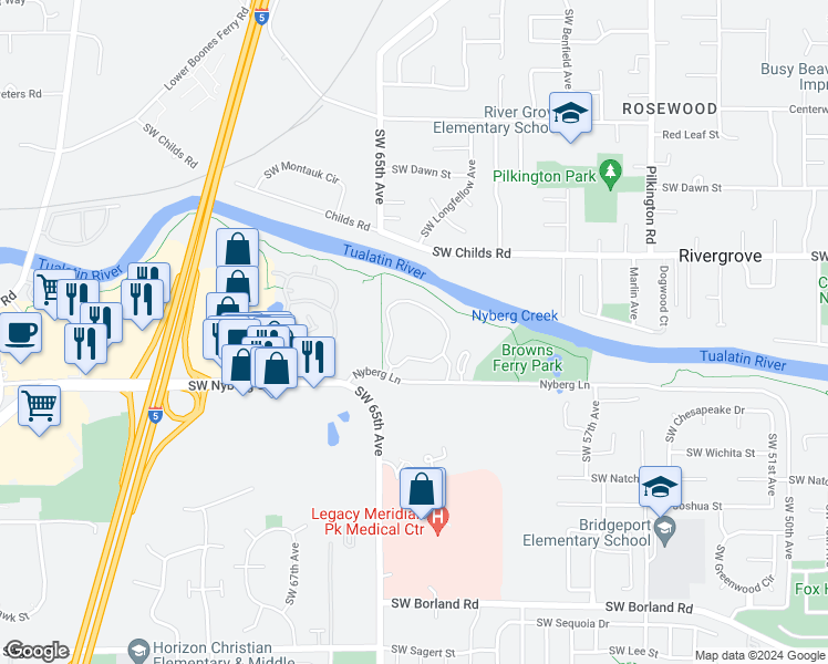 map of restaurants, bars, coffee shops, grocery stores, and more near 6455 Southwest Nyberg Lane in Tualatin