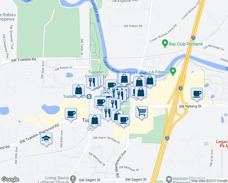 map of restaurants, bars, coffee shops, grocery stores, and more near 18760 Southwest Boones Ferry Road in Tualatin