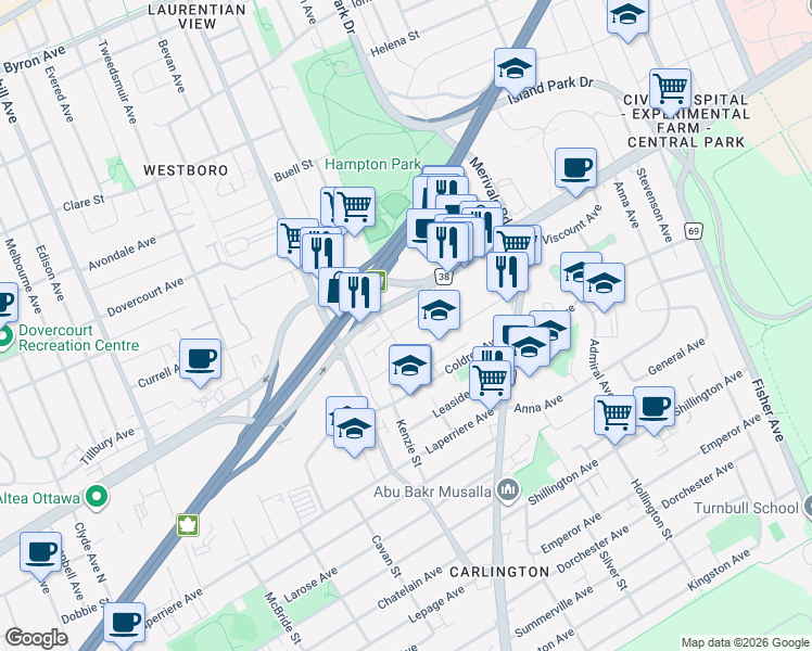 map of restaurants, bars, coffee shops, grocery stores, and more near in Ottawa