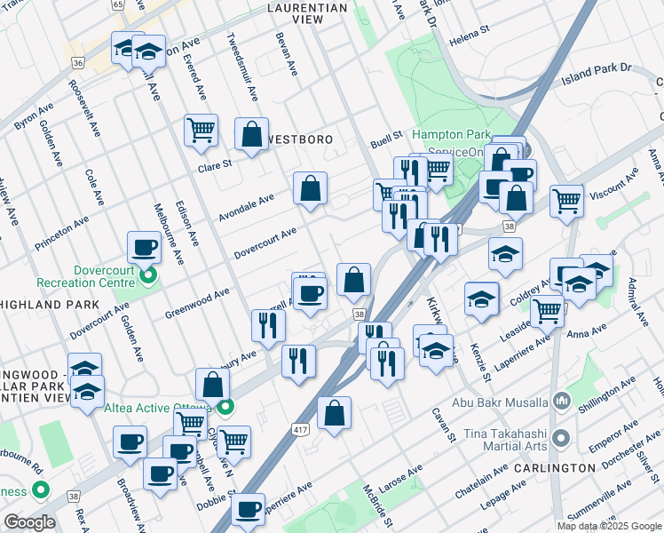 map of restaurants, bars, coffee shops, grocery stores, and more near in Ottawa