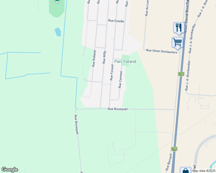 map of restaurants, bars, coffee shops, grocery stores, and more near 636 Rue Forand in Granby