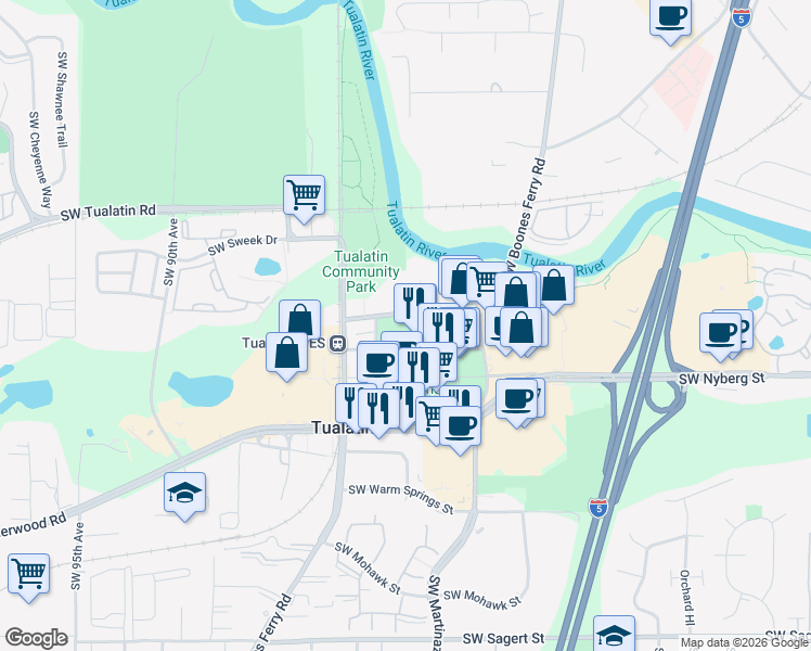 map of restaurants, bars, coffee shops, grocery stores, and more near 18760 Southwest Boones Ferry Road in Tualatin