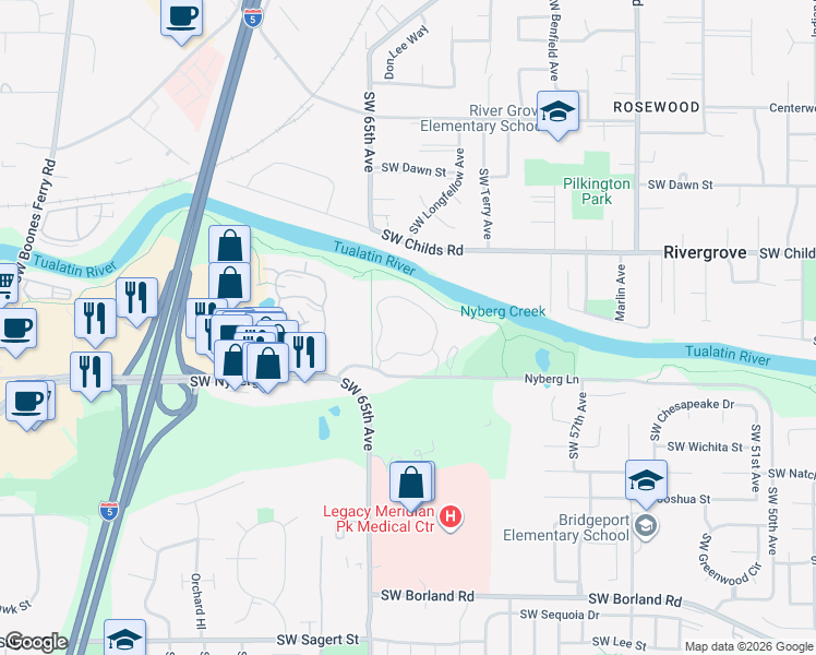 map of restaurants, bars, coffee shops, grocery stores, and more near 6455 Southwest Nyberg Lane in Tualatin