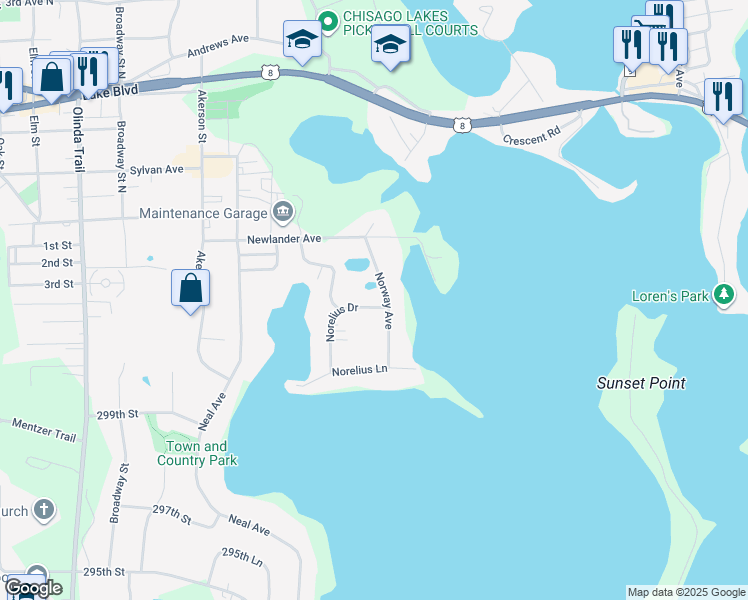 map of restaurants, bars, coffee shops, grocery stores, and more near 30200 Norelius Drive in Lindstrom