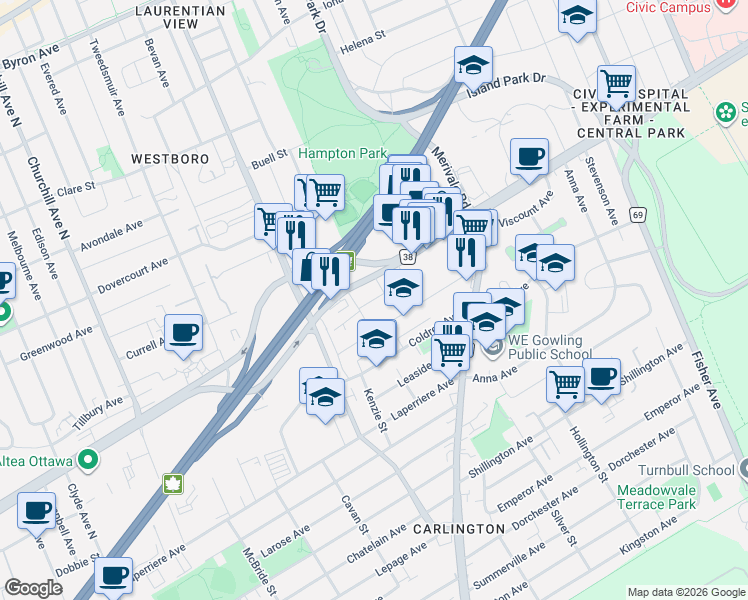 map of restaurants, bars, coffee shops, grocery stores, and more near 1376 Carling Avenue in Ottawa