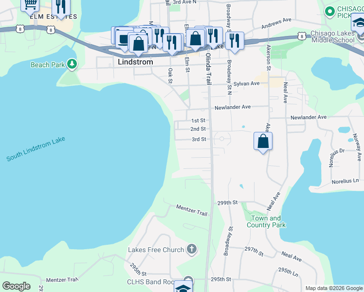 map of restaurants, bars, coffee shops, grocery stores, and more near 12940 Marine Court in Lindstrom