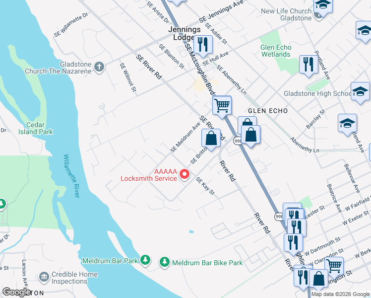 map of restaurants, bars, coffee shops, grocery stores, and more near 19306 Southeast Kay Street in Milwaukie
