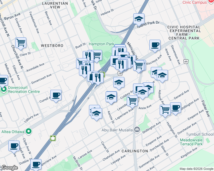 map of restaurants, bars, coffee shops, grocery stores, and more near in Ottawa