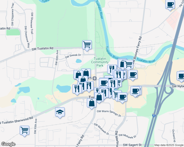 map of restaurants, bars, coffee shops, grocery stores, and more near 18815 Southwest Boones Ferry Road in Tualatin