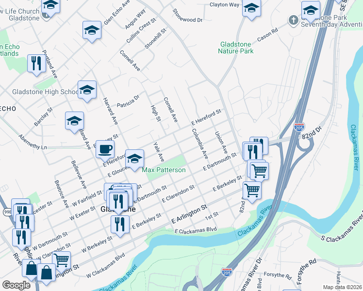 map of restaurants, bars, coffee shops, grocery stores, and more near 505 East Gloucester Street in Gladstone