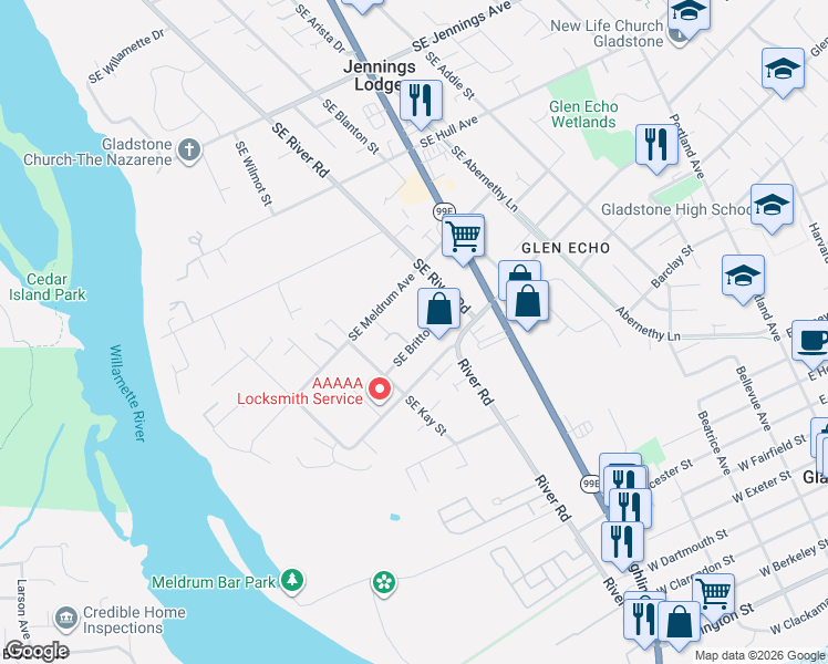 map of restaurants, bars, coffee shops, grocery stores, and more near 5085 Southeast Britton Avenue in Milwaukie