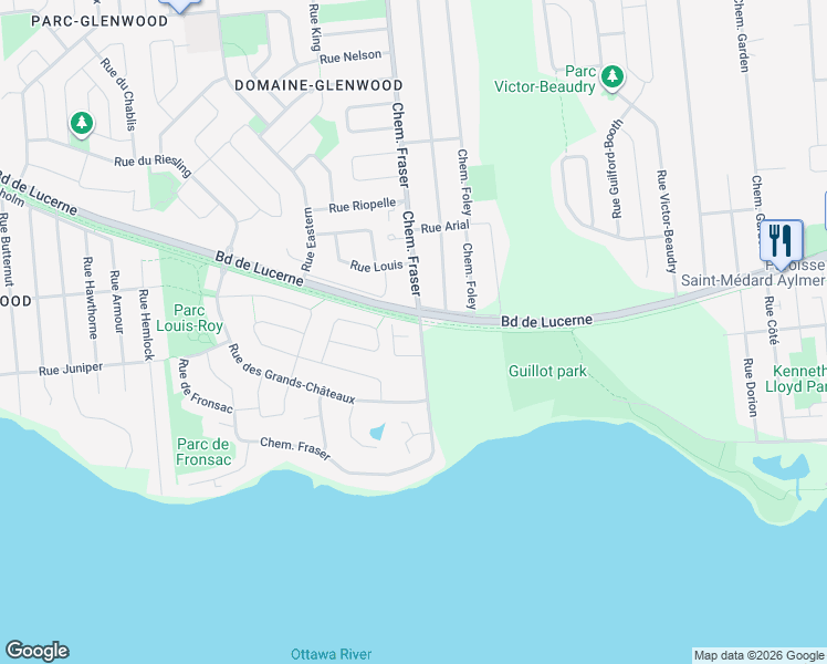 map of restaurants, bars, coffee shops, grocery stores, and more near 158 Chemin Fraser in Gatineau