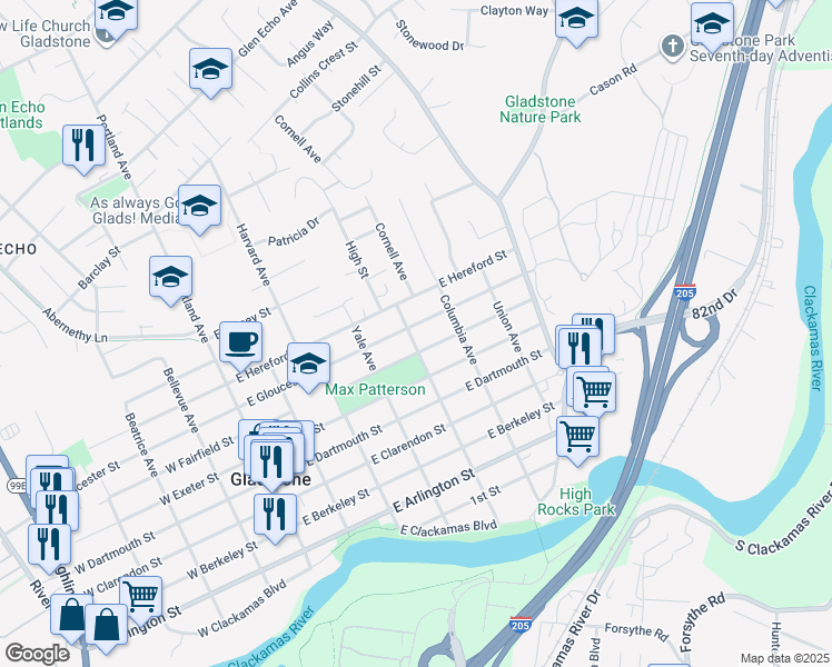 map of restaurants, bars, coffee shops, grocery stores, and more near 510 East Fairfield Street in Gladstone