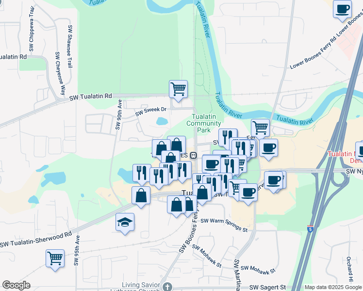 map of restaurants, bars, coffee shops, grocery stores, and more near 18811 Southwest Boones Ferry Road in Tualatin