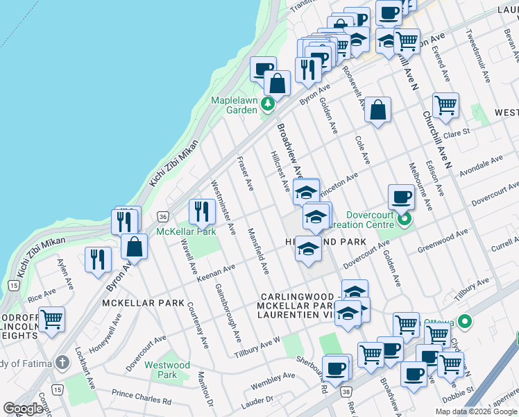 map of restaurants, bars, coffee shops, grocery stores, and more near 534 Fraser Avenue in Ottawa