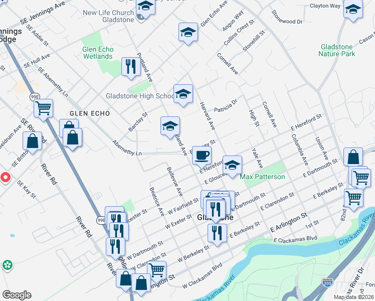 map of restaurants, bars, coffee shops, grocery stores, and more near 119 West Jersey Street in Gladstone