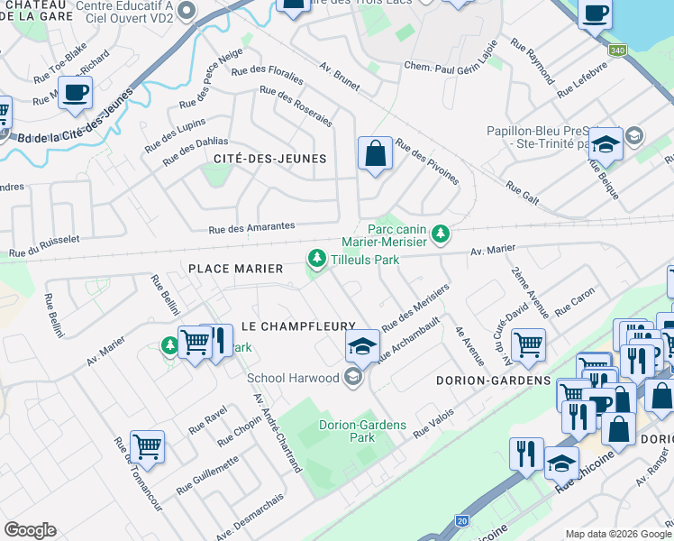 map of restaurants, bars, coffee shops, grocery stores, and more near 366 Avenue Marier in Vaudreuil-Dorion