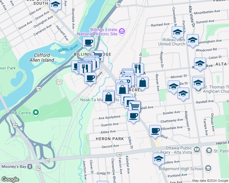 map of restaurants, bars, coffee shops, grocery stores, and more near 1161 Bélanger Avenue in Ottawa