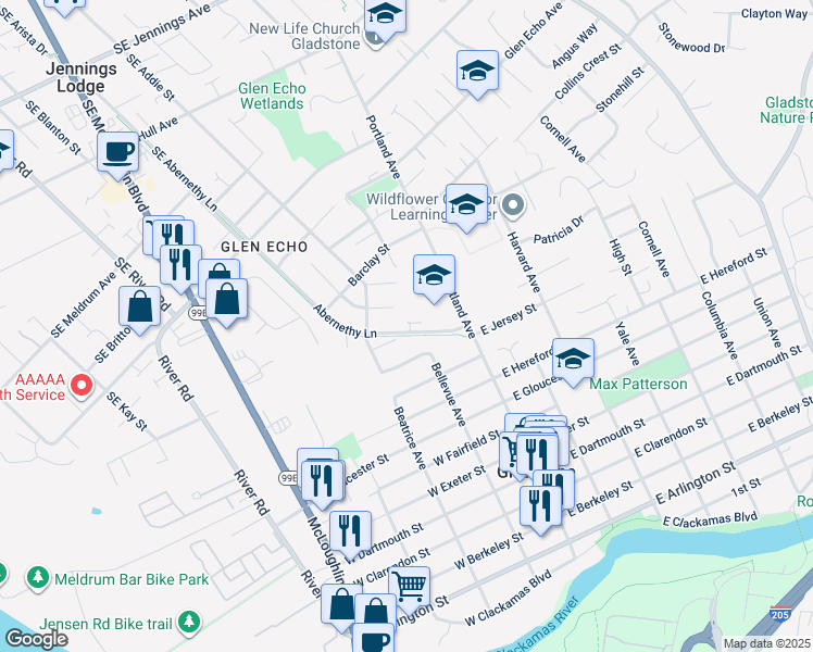 map of restaurants, bars, coffee shops, grocery stores, and more near 1107 Simmons Court in Gladstone