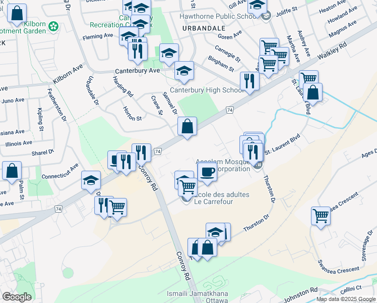 map of restaurants, bars, coffee shops, grocery stores, and more near 2072 Walkley Road in Ottawa