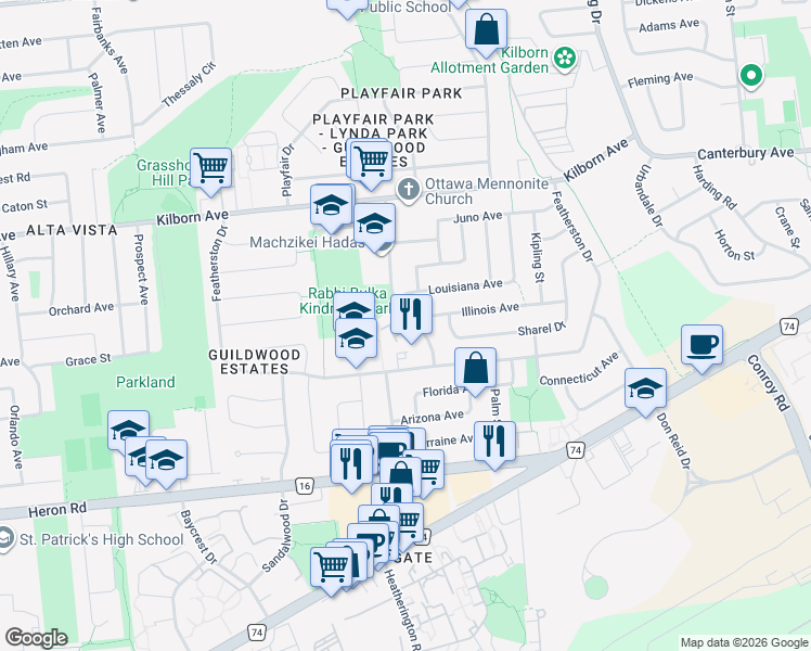 map of restaurants, bars, coffee shops, grocery stores, and more near 145 Manorhill Private in Ottawa