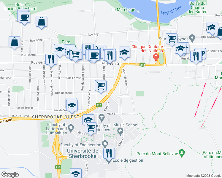 map of restaurants, bars, coffee shops, grocery stores, and more near 1419 Boulevard de l'Université in Sherbrooke