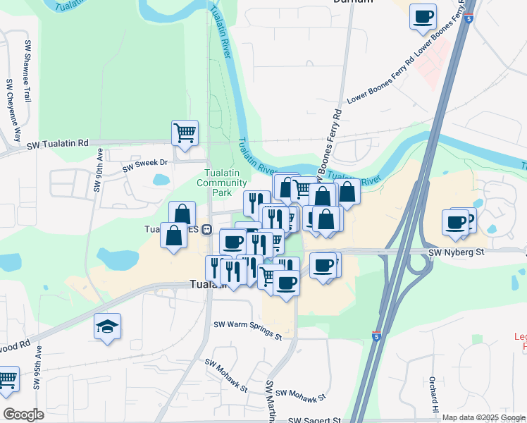 map of restaurants, bars, coffee shops, grocery stores, and more near 18760 Southwest Boones Ferry Road in Tualatin
