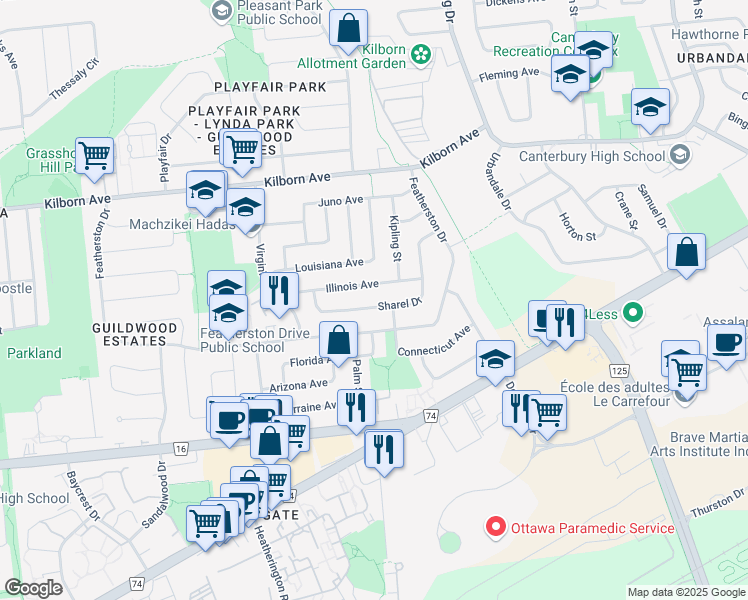 map of restaurants, bars, coffee shops, grocery stores, and more near 1911 Sharel Drive in Ottawa