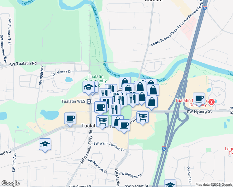 map of restaurants, bars, coffee shops, grocery stores, and more near 18622 Southwest Boones Ferry Road in Tualatin