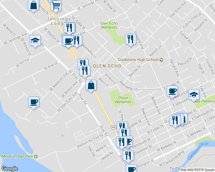 map of restaurants, bars, coffee shops, grocery stores, and more near 1483 Manor Drive in Gladstone