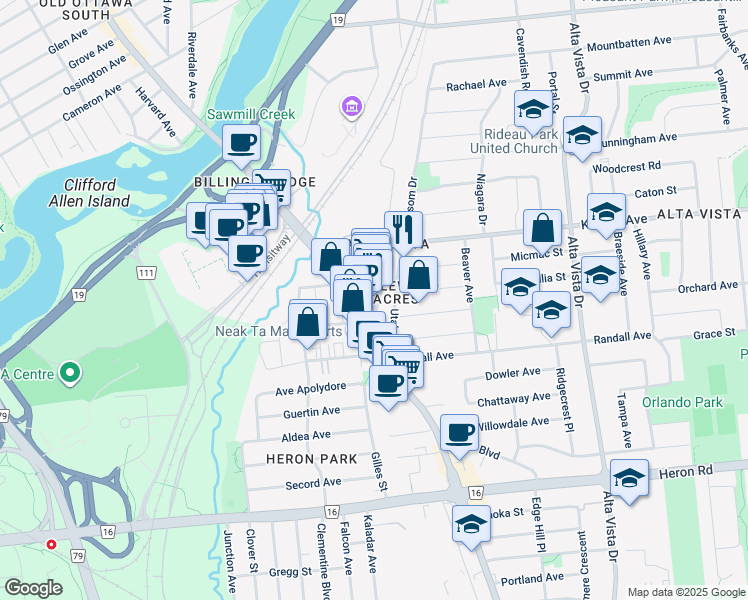 map of restaurants, bars, coffee shops, grocery stores, and more near 2200 Lamira Street in Ottawa