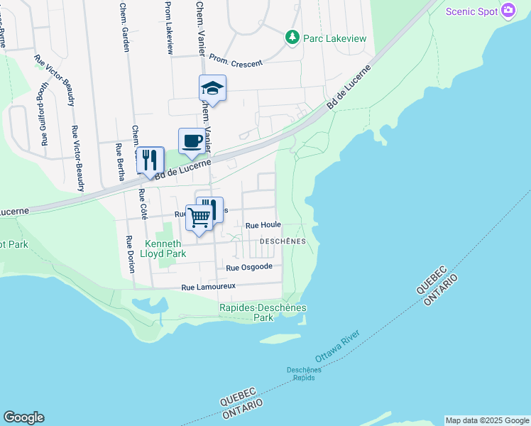 map of restaurants, bars, coffee shops, grocery stores, and more near 93 Rue Deschênes in Gatineau