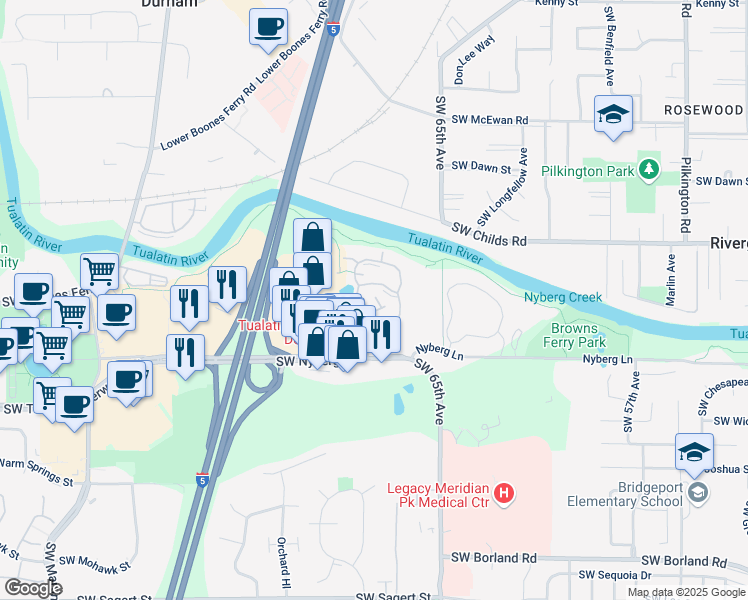 map of restaurants, bars, coffee shops, grocery stores, and more near 6755 Southwest Nyberg Street in Tualatin