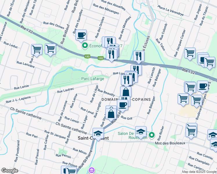 map of restaurants, bars, coffee shops, grocery stores, and more near 20 Rue Longtin in Saint-Constant