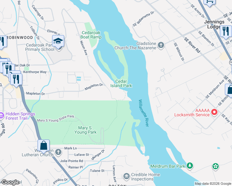 map of restaurants, bars, coffee shops, grocery stores, and more near 5075 Mapleton Drive in West Linn