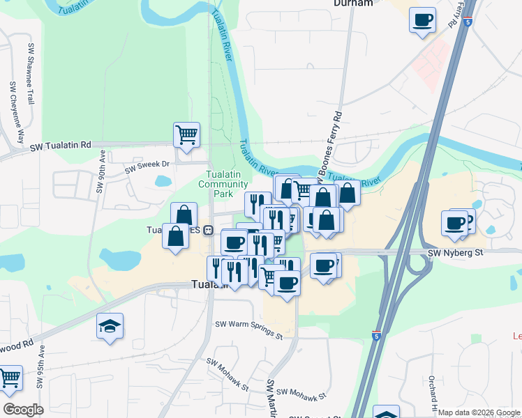 map of restaurants, bars, coffee shops, grocery stores, and more near 18670 Southwest Boones Ferry Road in Tualatin