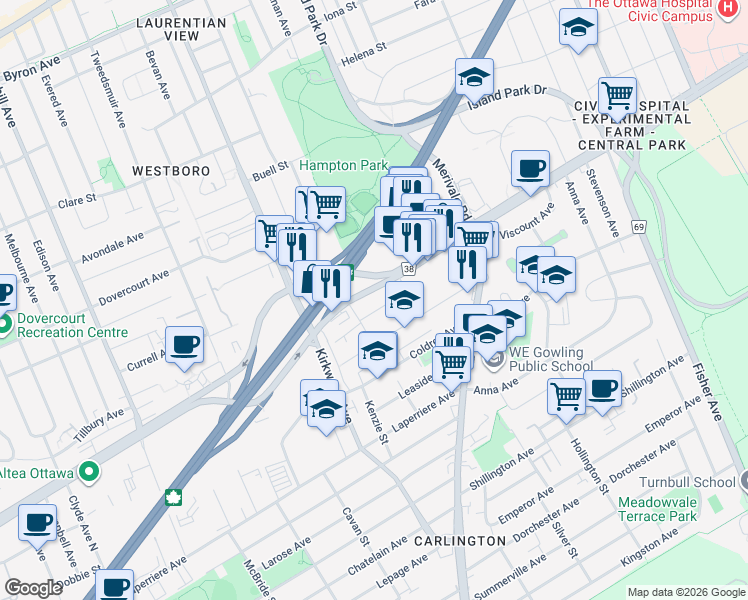 map of restaurants, bars, coffee shops, grocery stores, and more near 1360 Carling Avenue in Ottawa