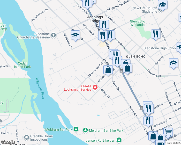 map of restaurants, bars, coffee shops, grocery stores, and more near 4823 Southeast Meldrum Avenue in Milwaukie