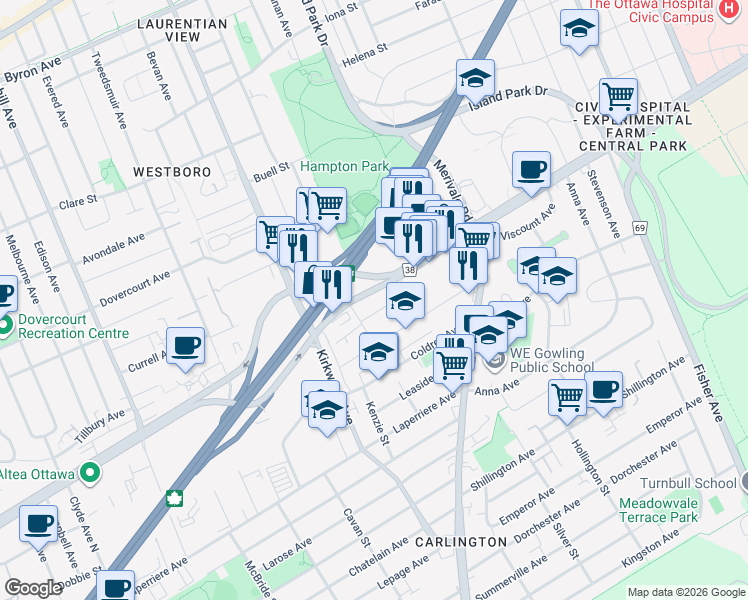 map of restaurants, bars, coffee shops, grocery stores, and more near 1360 Carling Avenue in Ottawa