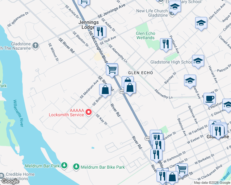 map of restaurants, bars, coffee shops, grocery stores, and more near 19202 Southeast River Road in Portland