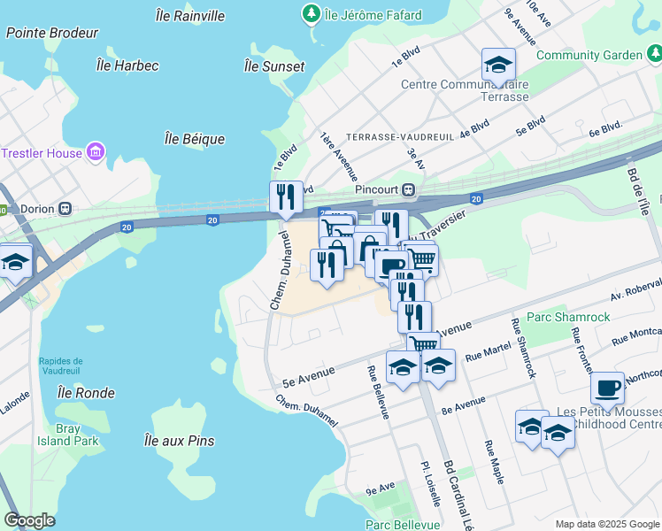 map of restaurants, bars, coffee shops, grocery stores, and more near 107 Boulevard Cardinal Léger in Pincourt