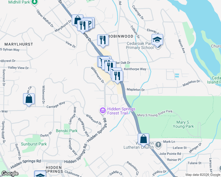 map of restaurants, bars, coffee shops, grocery stores, and more near 19510 Hidden Springs Road in West Linn