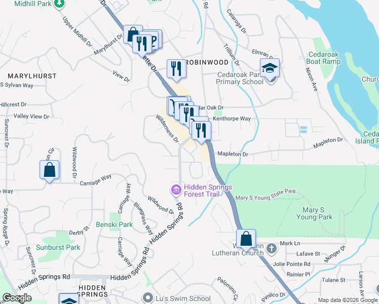 map of restaurants, bars, coffee shops, grocery stores, and more near 19510 Hidden Springs Road in West Linn