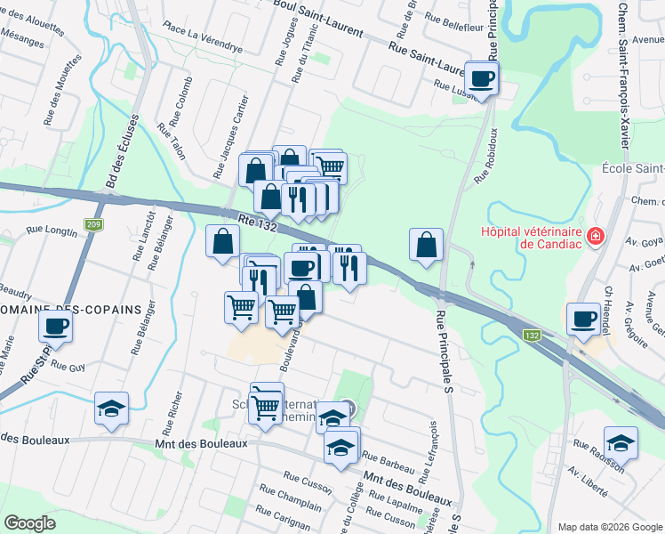 map of restaurants, bars, coffee shops, grocery stores, and more near 37 Québec 132 in Delson