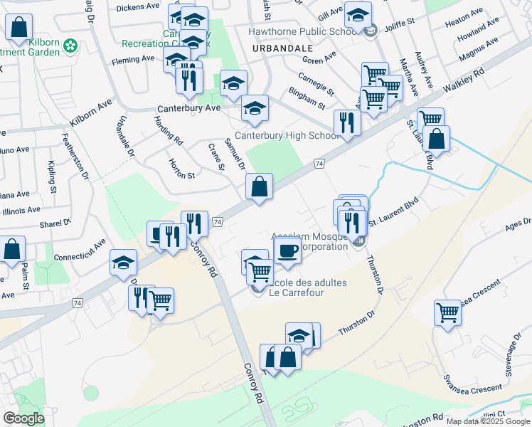 map of restaurants, bars, coffee shops, grocery stores, and more near 2072 Walkley Road in Ottawa