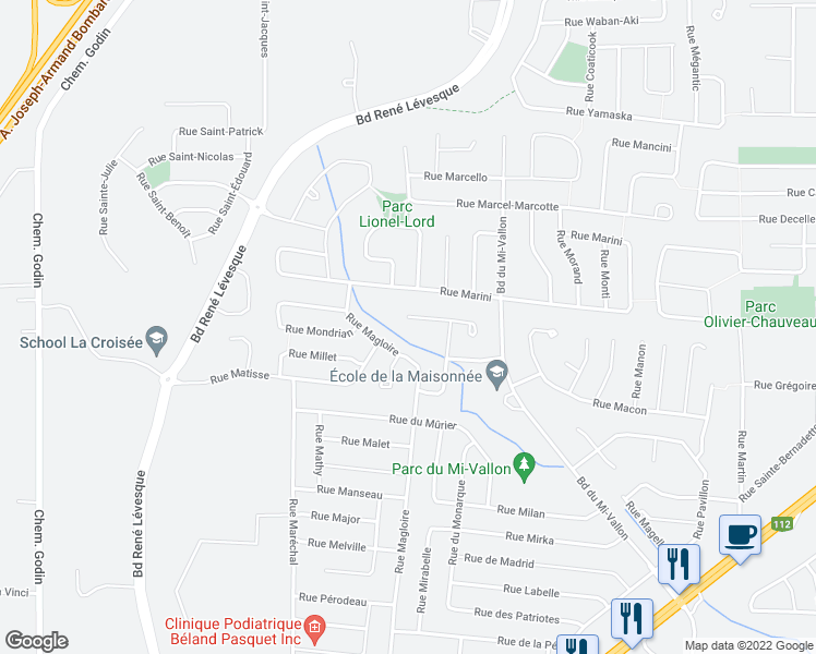 map of restaurants, bars, coffee shops, grocery stores, and more near 1522 Rue de Montmartre in Sherbrooke