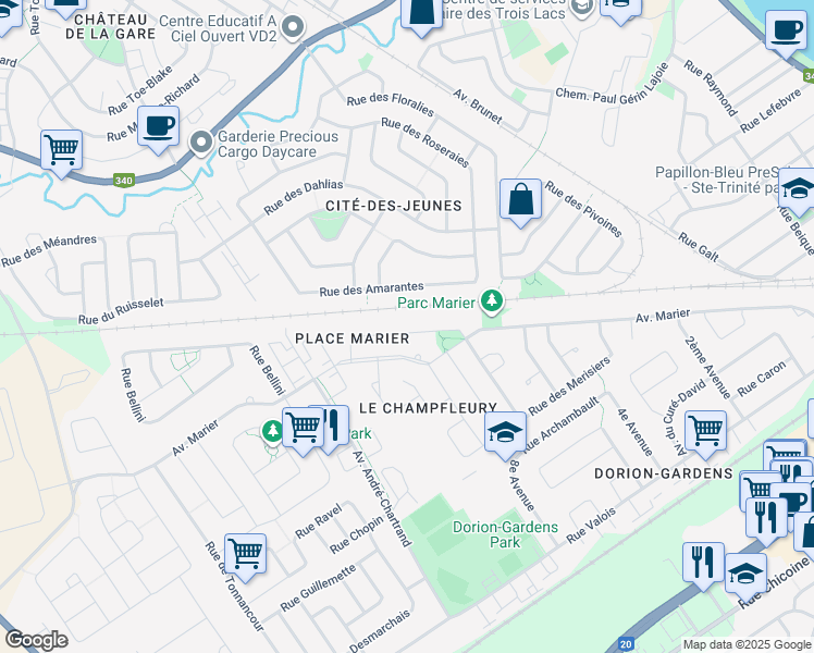 map of restaurants, bars, coffee shops, grocery stores, and more near 155 Rue des Tilleuls in Vaudreuil-Dorion
