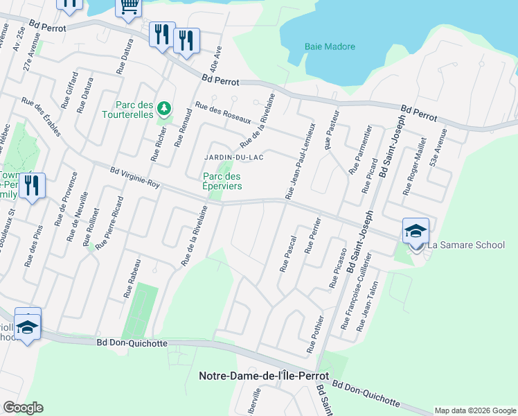 map of restaurants, bars, coffee shops, grocery stores, and more near 38 Rue Doris-Lussier in Notre-Dame-de-l'Île-Perrot