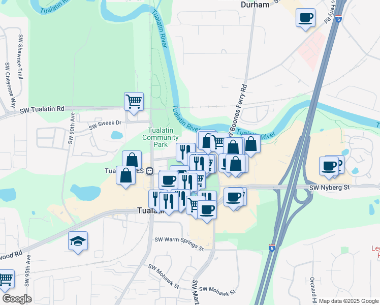 map of restaurants, bars, coffee shops, grocery stores, and more near 18760 Southwest Boones Ferry Road in Tualatin